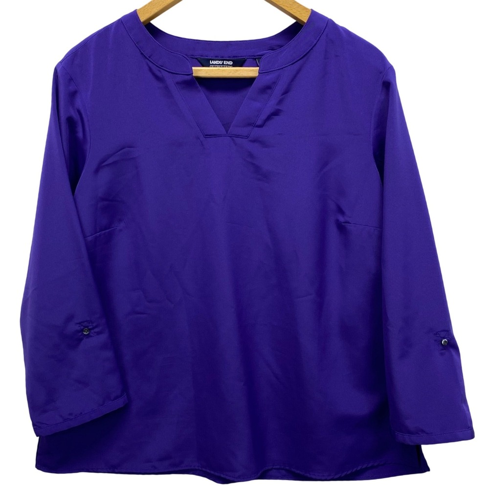 Lands' End Outfitters Blouse Womens 14P Purple Notch Neck 3/4 Roll Tab Sleeve